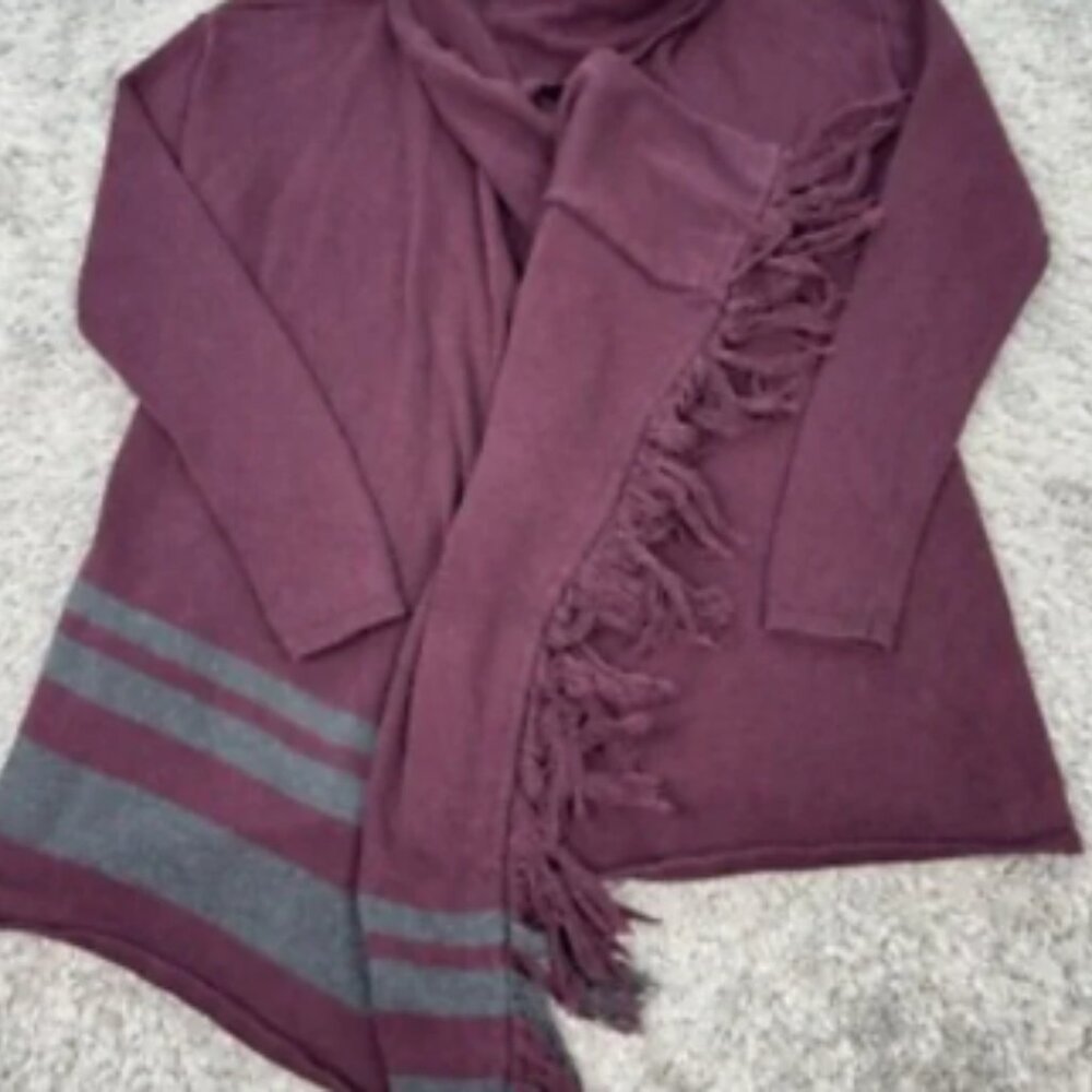 CAbi Port Fringe Open Front Wrap Cardigan Sweater Long Sleeve Size Large